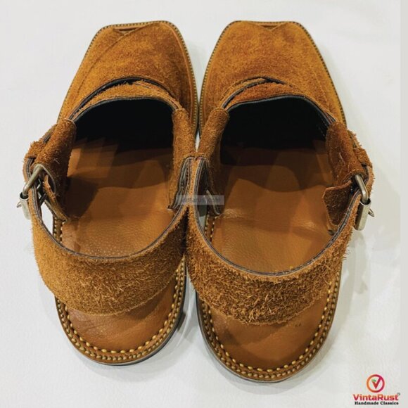 Brown Suede Peshawari Sandals, Rustic Brown Suede Peshawari Chappal, - Picture 3 of 7